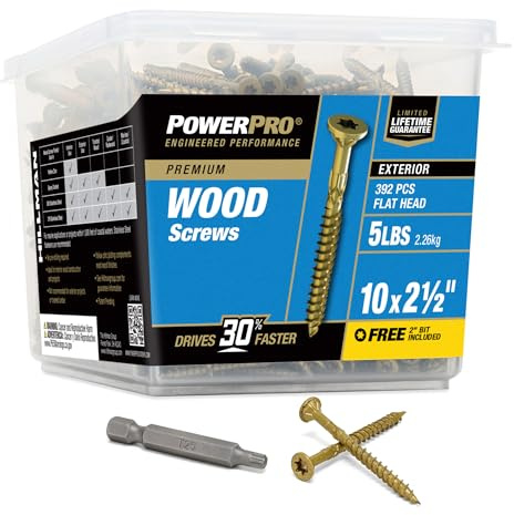 Power Pro Premium Exterior Wood Screws, #10 x 2-1/2 Inch All-Purpose Deck Screws for Outdoor Projects, T-25 Star Bit Included, Bronze, 392 Pieces | 48612V4
