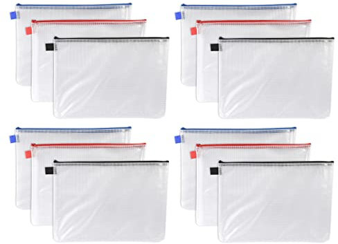 12 x Heavy Duty Extra Strong A4+ Foolscap Tuff Bags 500 Micron Waterproof Document Storage Tough Mesh Zip File Wallets Folders