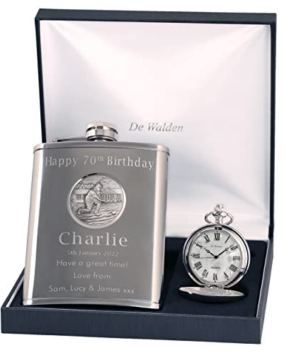 Engraved 70th Birthday Pewter Lawn Bowls Feature Mother of Pearl Pocket Watch and Hip Flask Gift Set