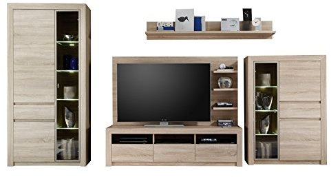 trendteam smart living Wohnzimmer 4-teilige Set Kombination Sevilla, 372 x 200 x 51 cm in Eiche Sägerau Hell Dekor mit LED Glasbodenbeleuchtung in Warm Weiß