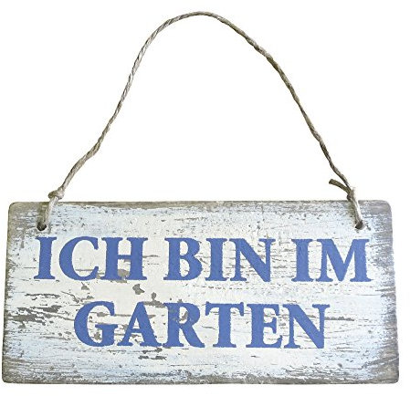 DECOLINE Holz Schild mit Kordel Ich Bin im Garten Shabby 17 x 8cm - Natur/weiß/blau - zum aufhängen - Garten-Schild - Deko-Schild