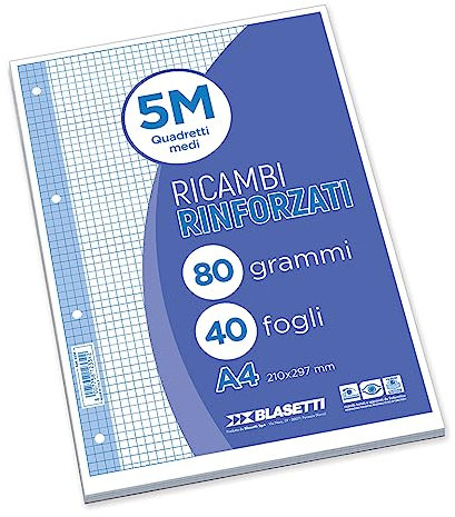 Blasetti Ersatzblätter verstärkt - Packung mit 40 quadratischen Blättern A4, liniert 4M (4mm), Ersatzblätter für Ringbücher und Mappen, 80gr nachfüllbare Papierblätter