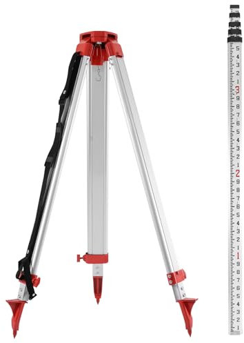Iglobalbuy Niveau laser Trépied d'arpentage avec tige en aluminium 5m, Trépied de double face métrique 4 Section tige télescopique Surveryor pour niveau de Laser rotatif de nivellement automatique