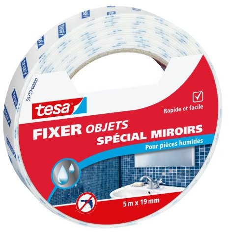 tesa Fixer Objets Special Miroirs - Pour pièces Humides - Ruban Adhésif pour Fixer les Miroirs sans Vis - Résistant et Idéal dans les Salles de Bains et les Douches - 5 m x 1,9 cm