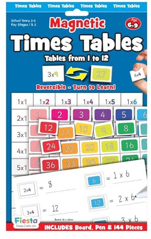 Magnetic Times Tables for Kids by Fiesta Crafts -144 Reversible Magnetic Numbers, Board & Dry Wipe Pen - Interactive Educational Toys for Kids' Early Maths Games - Quick Learning Through Tactile Games