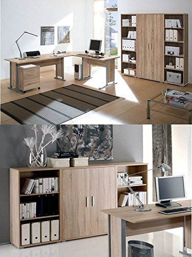 moebel-dich-auf Arbeitszimmer mit Winkelschreibtisch komplett Set Office Line mit Highboard in Eiche Sonoma