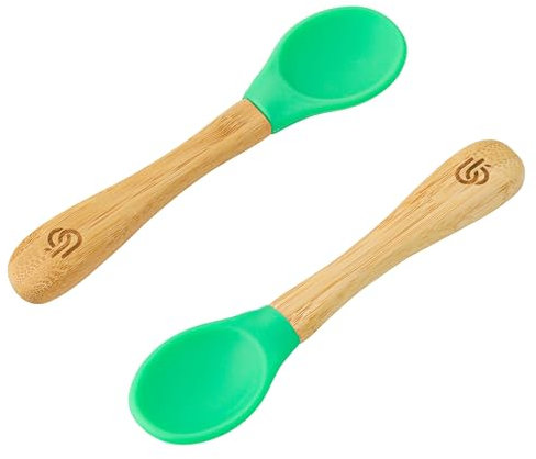 bamboo bamboo ® Cucharas De Destete Para Bebé, Set De 2 | Bambú Con Puntas De Silicona Suave | Mangos Ergonómicos De Fácil Agarre | Libre De BPA (Set De 2, Verde)