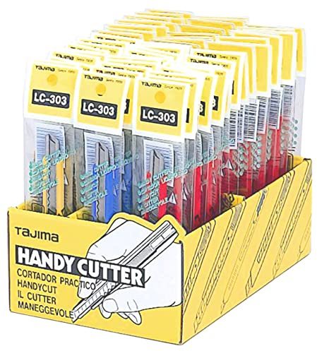 Tajima Auto-Blade-Lock Cutter 9 mm mit 3 Klingen. Display mit 60 Stück, Gelb, Blau, Rot