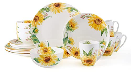 Mikasa Juego de vajilla ligera de porcelana china de hueso de girasol de 16 piezas, servicio para 4, multicolor