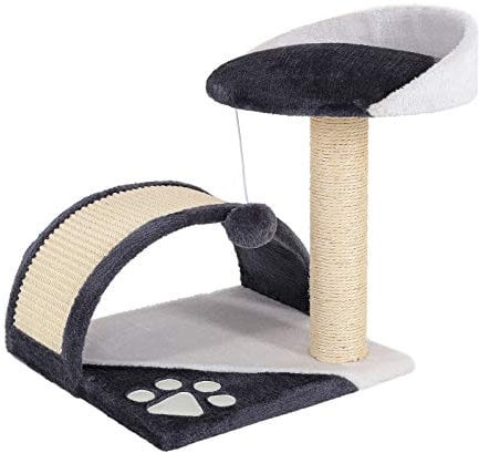 lionto Kratzbaum klein mit Plüschball & Kratzbogen, Höhe 43 cm, gemütliche Liegefläche aus weichem Plüsch, stabil mit Sisalseil zur Krallenpflege, für kleine & große Katzen geeignet, grau/weiß
