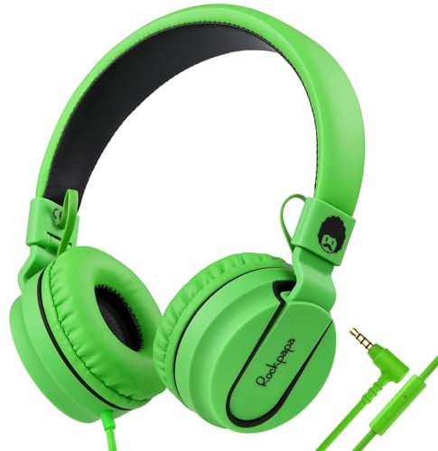 Rockpapa On Ear Foldable Headphones Earphones with Microphone for Kids Childrens Boys Girls, MP3/4 CD/DVD Players Computer Tablets Mobile Black Green