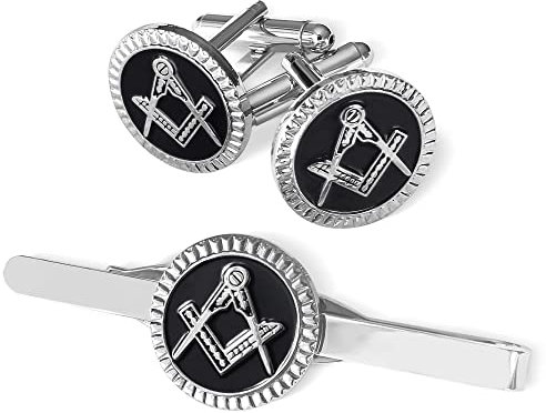 THE MASONIC COLLECTION– Winkelmaß und Zirkel Manschettenknöpfe & Krawattenklammer Set für Herren – Versilbert – In Samtbeutel – Ideale Freimaurer Geschenke für Männer