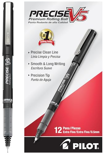 PILOT Precise V5 Stick Liquid Ink Rolling Ball Stick Pens, Extra Fine Point (0.5mm) Black Ink, 12-Pack (35334)