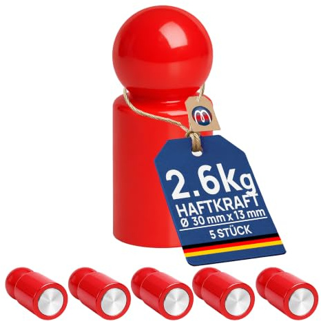 5 x Starke Magnetpins Pin Magnete Neodym - Multi Color - Höhe 30mm - Durchmesser Ø13mm - Haftkraft 2,6kg - 5 Stück - Power Pinnwand-Magnete Büromagnete Kühlschrankmagnete, Farbe:rot