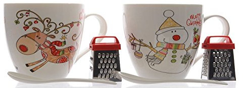 Kaemingk Tasse Becher Schokobecher Porzellan mit Reibeeisen und Löffel Elch oder Schneemann