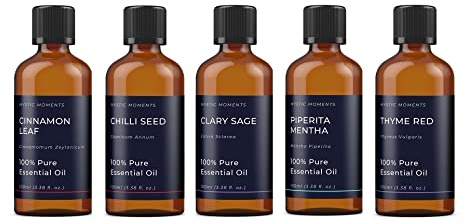 Mystic Moments | Kit Regalo Iniziale di Oli Essenziali Erbe e Spezie | 5 x 100ml | Cannella, Peperoncino, Salvia Sclarea, Menta Piperita, Timo Rosso | Uso Aromaterapia