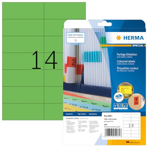 HERMA 5061 Farbige Etiketten grün ablösbar, 640 Blatt, 105 x 42,3 mm, 14 pro A4 Bogen, 8960 Stück, selbstklebend, bedruckbar, matt, blanko Papier Farbetiketten Aufkleber