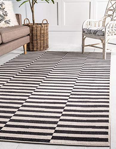 Unique Loom Williamsburg Collection Casual Transitional Thick Alternating Stripes Area Rug (6' 0 x 9' 0 Rectangular, Black/Beige)