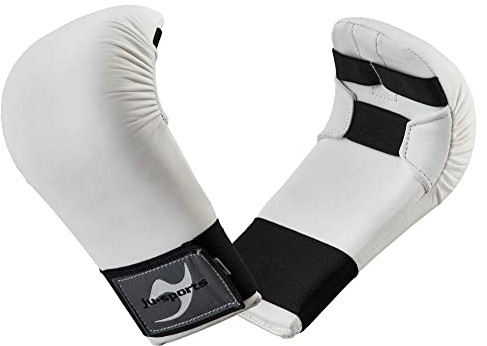 Ju-Sports Karate Handschuhe - weiß, Kunstleder I Gepolsterter Hände Schutz für Training & Wettkampf I Karate Handschutz mit 2 Schlaufen ohne Daumen
