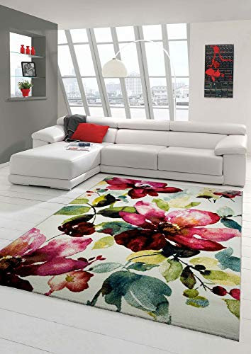 Designer Teppich Moderner Teppich Wohnzimmer Teppich Blumenmotiv Creme Grün Türkis Rosa Pink Größe 120x170 cm