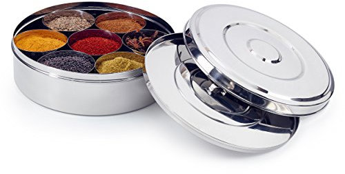 Zinel 7115 Spice Box with 7 Comparments and 2 Stainless Steel Lids, 20cm, Silver Masala Dabba Gewürzbox aus Edelstahl mit 7 Vergleichen und 2 Edelstahldeckeln, 20 cm, Silber