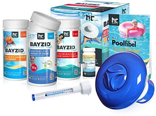 Höfer Chemie BAYZID® Pool Starterset 7-teilig - Wasserpflege durch Pool Chlor Granulat, PH Minus, Multitabs, Poolthermometer, Dosierer, Teststreifen und Poolfibel