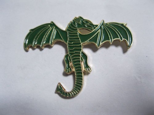 Brosche, Metall, Emaille, Drache, 40 mm, Grün / Gold