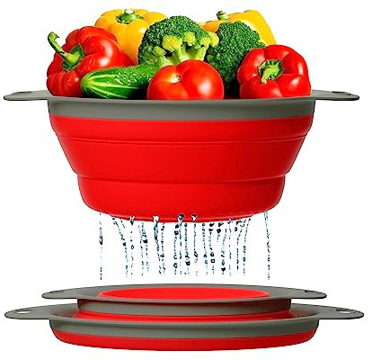 Ensemble de Passoire – 2 pliable Passoires (Cuve) Lot par Comfify – Inclut 2 pliant en silicone Tamis Tailles : 20,3 cm – 2 quart et 24,1 cm – 3 quart Rouge et gris Red