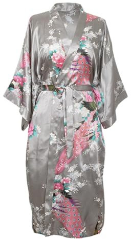 CCcollections Kimono Motif Paon et Fleurs, 16 Couleurs différentes, Lingerie, Nuisette, Robe de Chambre, Demoiselle d'honneur, Enterrement de Vie de Jeune Fille (Gris (Grey)), taille unique