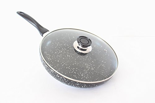 Padella vulcanica nera con coperchio in vetro temperato, rivestimento in pietra lavica antiaderente (18 Centimetri)