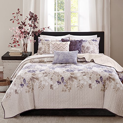 Madison Park Modern Floral Coverlet Breathable Taupe Queen Quilt Set, 6pc