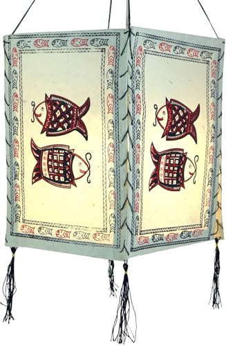 Lokta Papier Hänge Lampenschirm, Deckenleuchte, Fisch weiß/bunt | Handgeschöpftes Naturpapier, warmes Licht, unebene Oberfläche, ideal für gemütliche Räume, traditionelles Design.