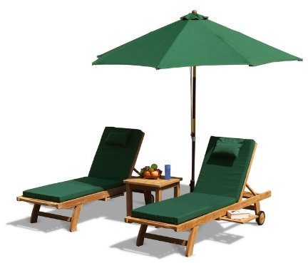 Jati Set of 2 Teak Sun Loungers with Cushions (Green), Side Table, Parasol and Base