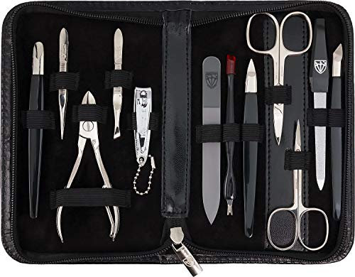 DREI SCHWERTER - 12-tlg. Nagel Set 'Palermo' | Hochwertiges Maniküre und Pediküre Reise-Etui-Set: Farbe: Kunst Leder Schwarz | Inhalt: 12 Instrumente inkl. Nagelschere, Nagelknipser, Glasfeile etc.