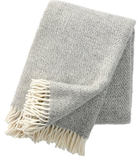 KLIPPAN Stella Wolldecke 130x200 cm Rautenmuster Creme Hellgrau aus 100% Lammwolle weiche Kuscheldecke