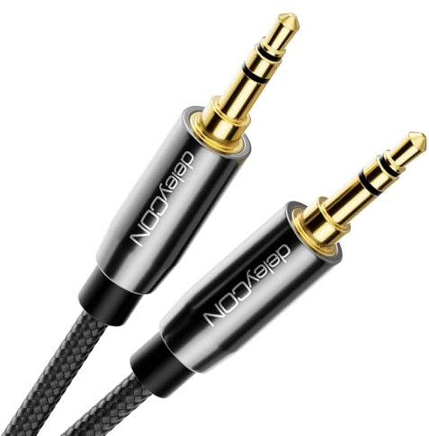 deleyCON 0,5m Câble Jack avec Gaine en Nylon Audio Stéréo AUX Fiche Jack 3,5mm à Fiche Jack 3,5mm Fiche Plaquée or - Noir