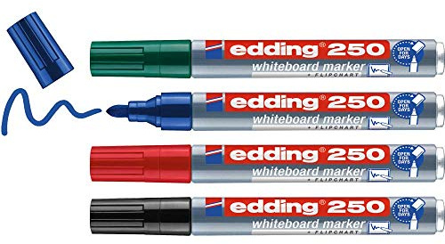 edding 250 whiteboard marker - multi-coloured - 4 whiteboard pens - round tip 1.5-3 mm - whiteboard pen dry wipe - for whiteboards, flipcharts, magnetic, memo boards - sketchnotes - refillable
