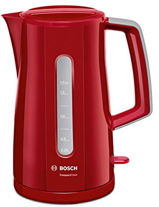 Bosch Kabelloser Wasserkocher Compact ClassTWK3A014, Schnelles Aufheizen, Wasserstandsanzeige Beidseitig, Überhitzungsschutz, Rot - 1,7 L, 2400 W
