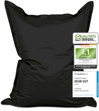 Lumaland Riesen-Sitzsack XXL 140x180 cm | Wasserfestes Indoor & Outdoor Liegekissen mit über 3 Mio. anpassungsfähigen EPS-Perlen | Bean Bag mit waschbarem Bezug [Schwarz]
