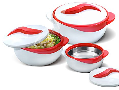 Pinnacle Servierschüssel für Salat/Suppenteller – Thermo-Schüssel mit Deckel – tolle Schüssel für den Urlaub, Abendessen und Party, 3 Stück (Rot)