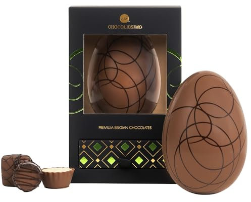 CHOCOLISSIMO – Großes Osterei aus Vollmilchschokolade mit 4 alkoholfreien Luxus Pralinen – Edles Ostergeschenk in dunkler Geschenkbox, Ostern Süßigkeiten Geschenk, Osterschokolade Ostersüßigkeiten