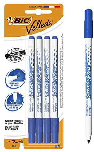 BIC Velleda 1721 - Feutres pour Tableau Blanc Effaçables à Sec Pointe Conique Fine - Bleu, Blister de 4