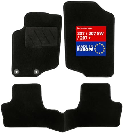 DBS - Tapis de Sol Voiture - sur Mesure - Adapté à Votre Peugeot 207/207 SW / 207 + (04/2006-06/2014) Antidérapant : Clips de Fixation et Autogrip - 3 pièces : Protection du Pont arrière - Moquette