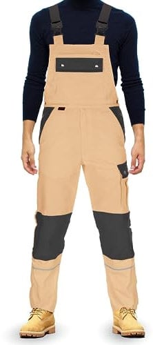 TMG® | Lange Arbeitslatzhose Herren, Beige Latzhose mit Kniepolstertaschen aus Cordura, viel Stauraum, robust | 76