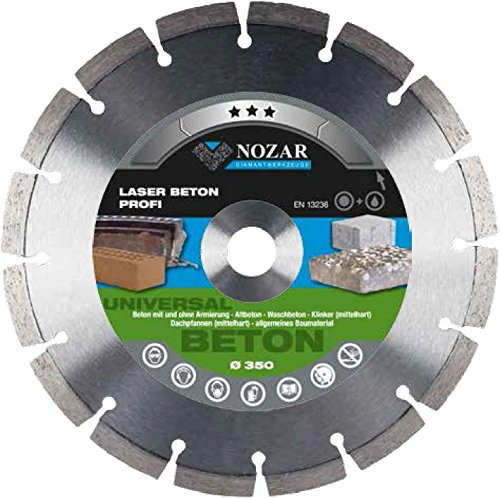 NOZAR Profi Diamantscheibe Laser Beton Profi 350 x 25,4 mm für Beton mit und ohne Armierung, Altbeton, Waschbeton, Klinker (mittelhart), Dachpfannen (mittelhart), allg. Baumaterial