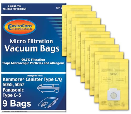 EnviroCare Replacement Vacuum Bags made to fit Kenmore Canister Type C or Q 50555, 50558, 50557 and Panasonic Type C-5 Vacuums, 9 pack