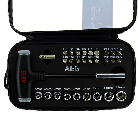 AEG 005069 Coffret d'Embouts et Poignée (Embouts hexagonaux, 6 pans, Tournevis plats et cruciformes)