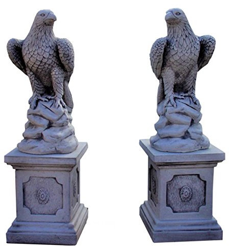 Antikes Wohndesign 2 x Greifvogel 2 x Säulensockel sitzend Adler Gartenfigur Steinfigur Höhe: 99cm