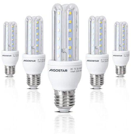 Aigostar Led Leuchtmittel E27 9W ersetzt 62W Kaltweiß Glühlampen Birne 6500K 840 Lumen Groß Abstrahlwinkel 360° Mais Glühbirnen T3 3U 5 Stück