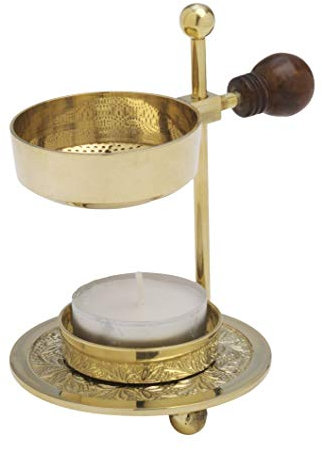 Räucherstövchen mit Holzgriff höhenverstellbar mit Teelicht aus Messing Gold (Höhe 11 cm)